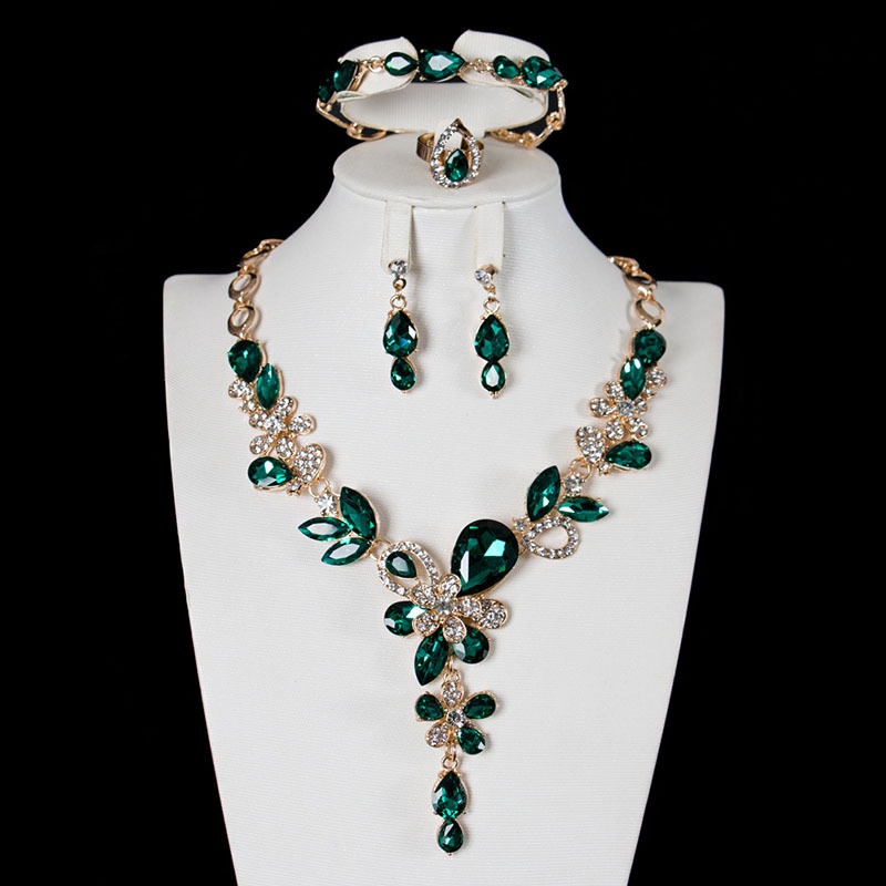 Foydjew Retro Simulation Color Gemstone Jewelry Sets Inlaid Paraiba/Green/Blue Pendant Necklaces Earrings Bracelets Rings Set