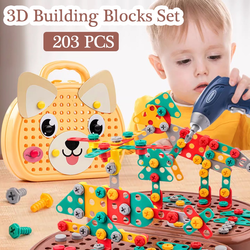 3D STEM Building Blocks Set Children Electric Drill Screw Puzzle Toy