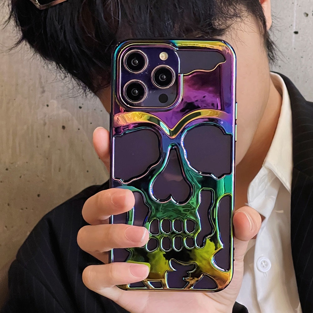 Cool 3D Hollow Skeleton Skull Case for iPhone 14 13 12 Pro Max 11 16 15  Plus Phone Back Cover Shockproof Plating Colorful Laser TPU Funda