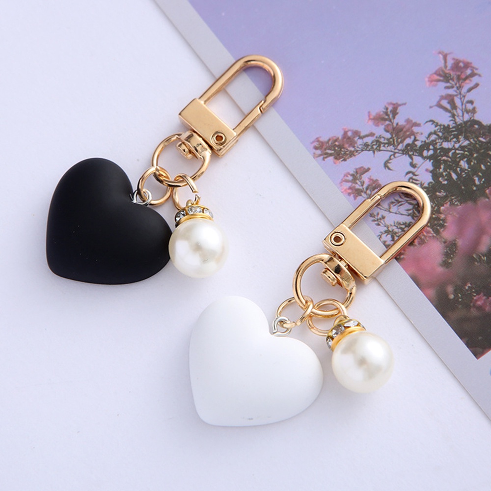Keyring Bag Ornaments Key Ring Imitation Pearls Black White Heart