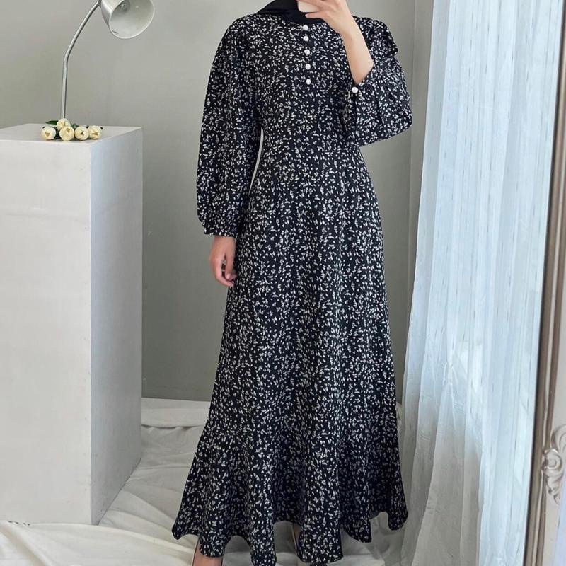 Women's Muslim Modest Dress Dots Print Full Sleeve Belted Long Dress Ruffle  Tiered Ankle Length Islamic Dress