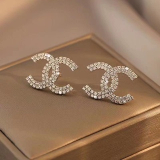 Auth Vintage Chanel stud earrings CC logo double C letter silver dangl