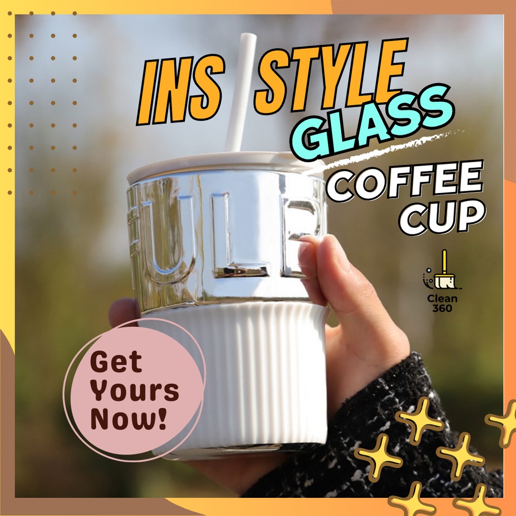 Ins Style Cute Glass Cup With Straw and Lid Cawan Kaca Tahan Panas