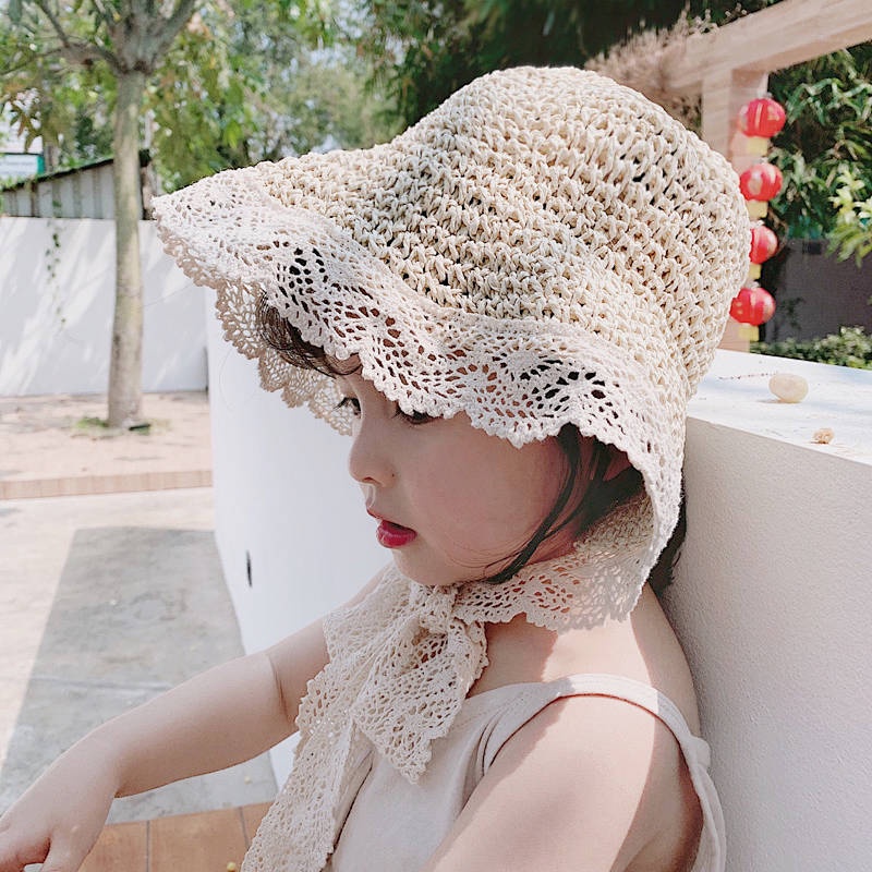 Children's Straw Hat Princess Summer Sunscreen Lace Straw Foldable Cute Baby Boy Beach SunProof