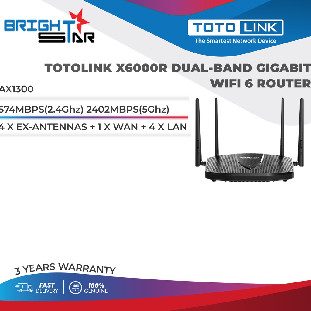 TOTOLINK X6000R DUAL-BAND GIGABIT WIFI 6 ROUTER / AX1300 / 574MBPS(2 ...