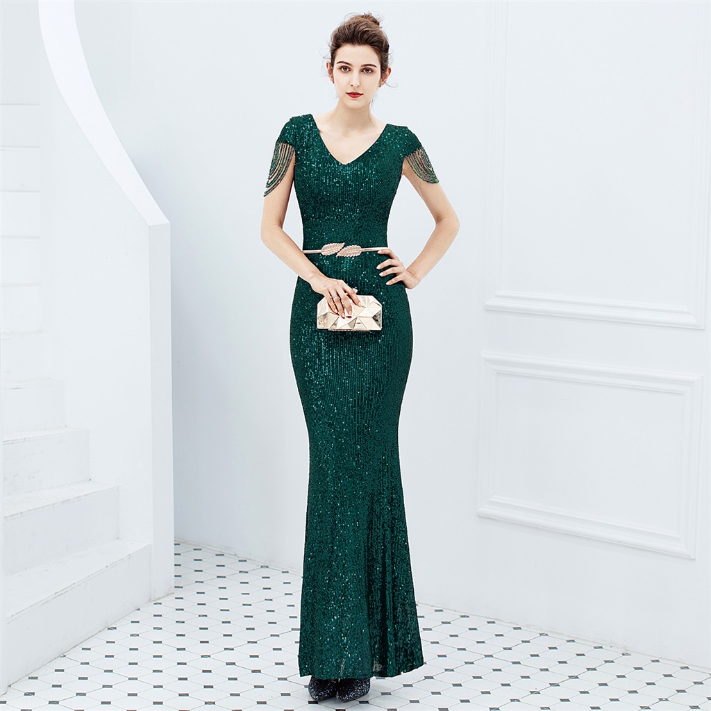 Black/Wine Red/Dark Green/Navy Blue/Champagne/Silver Sequins Banquet  Evening Dress Beaded Tassel V Neck Belted Slim Fishtail Dresses Annual  Dinner Host Party Gown | Shopee Malaysia