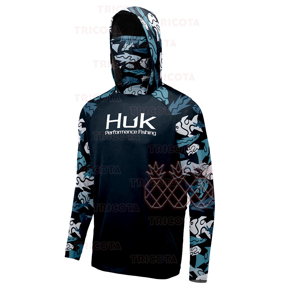 HUK Fishing Shirts Men Hooded Mask Anti-UV Fishing Clothes Summer