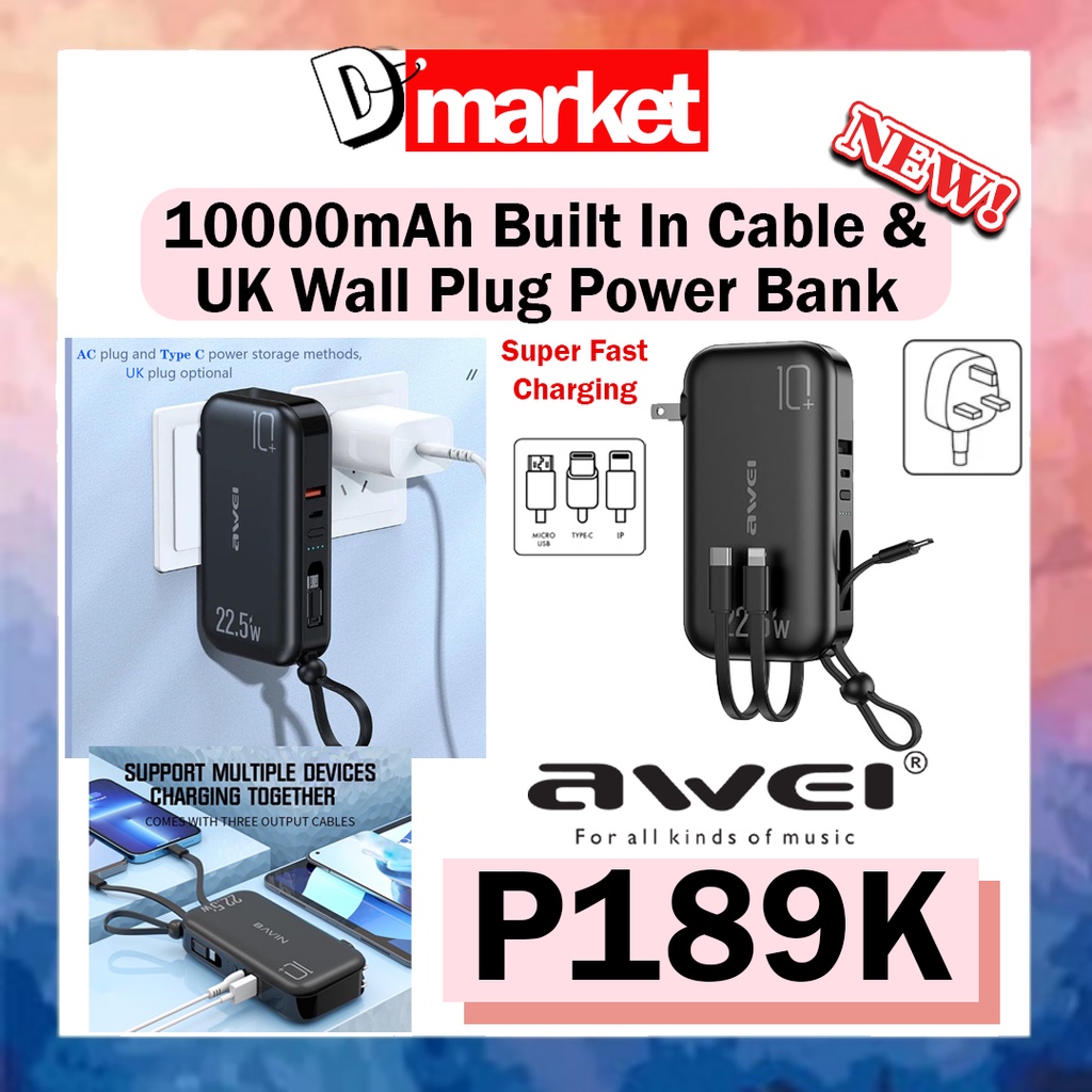 Awei P189K 10000mAh BuiltIn Cable with Wall Plug Power Bank Built In