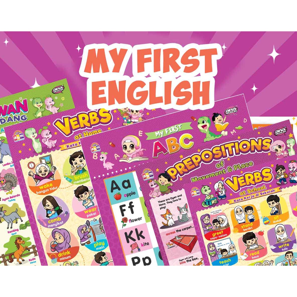 KOMBO 5 POSTER ENGLISH ANA MUSLIM-ABC, PREPOSITIONS, VERBS @ SCHOOL ...