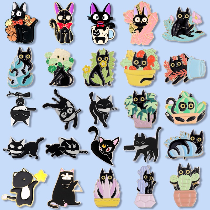 50 Styles Cartoon Black Cat Enamel Lapel Pin Magic Cat Metal Brooch ...