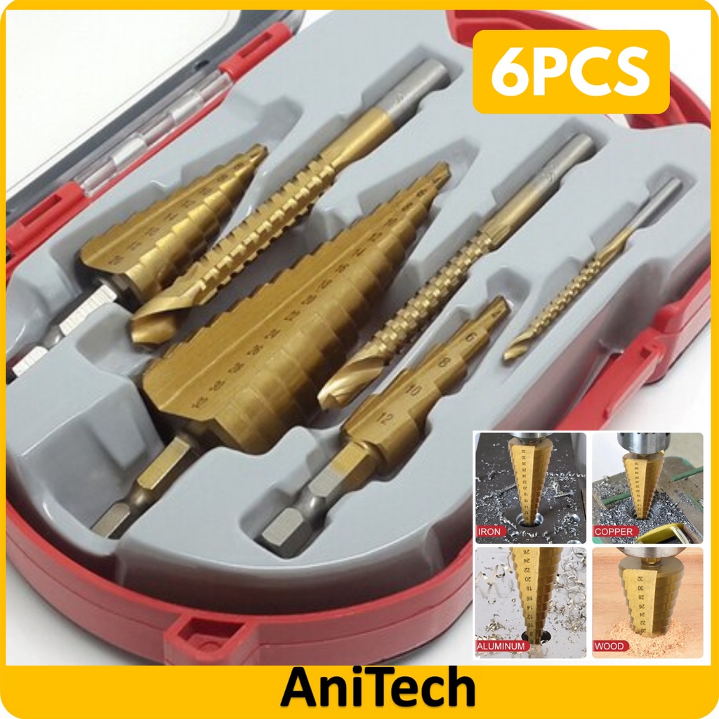 4mm32mm 6Pcs Gerudi Step Drill Bit Set Titanium Coated Hex Shank HSS