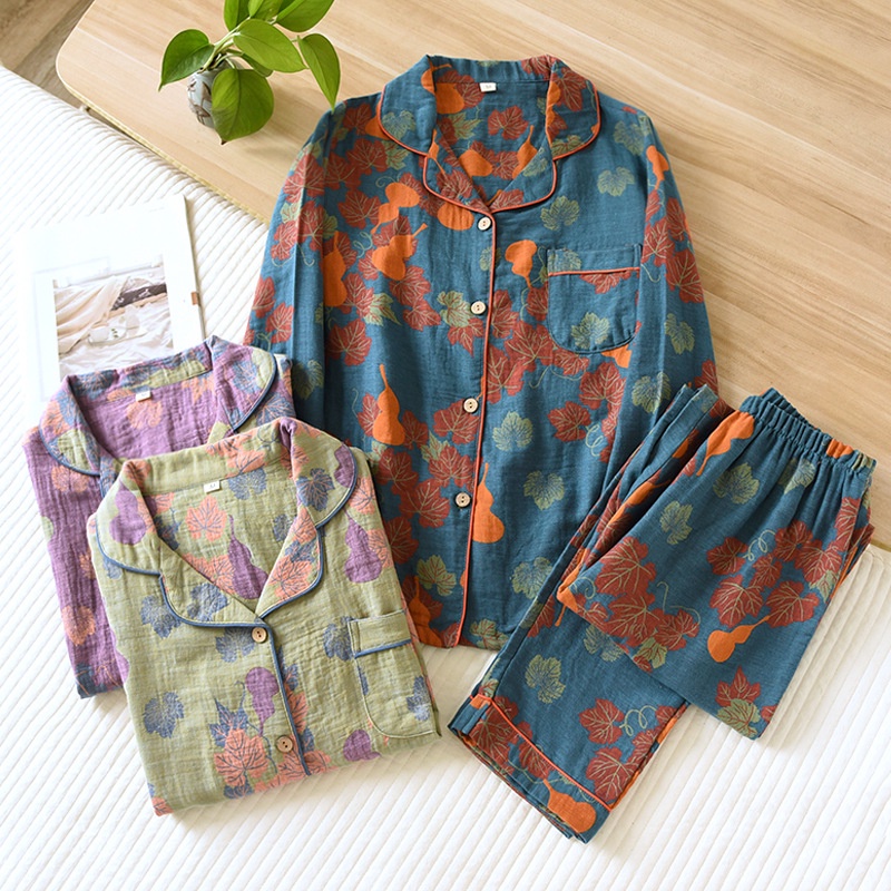 [Ready Stock] Women Pure cotton yarndyed retro pajamas Long Sleeve