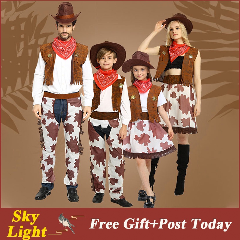 Texan Cowboy Costume Kids Brown Hat Red Neck Tie Brown Waistcoat Badge and Chaps main image 1