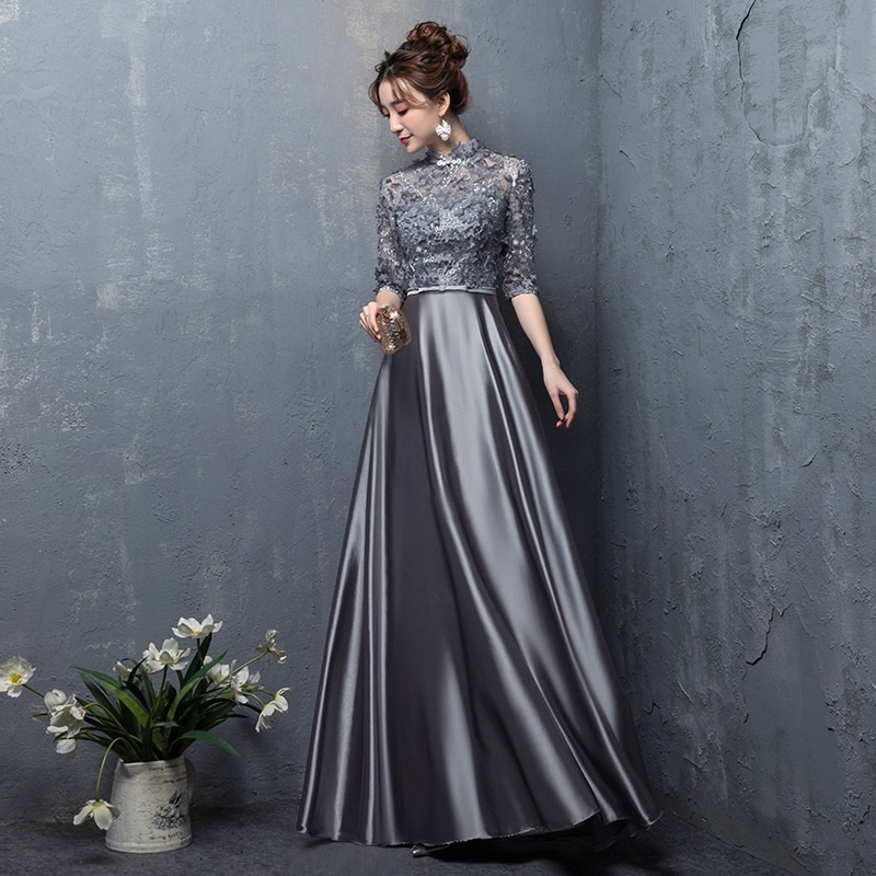 Elegant Grey Banquet Evening Dress Simple Mid Sleeve Stand Collar ...
