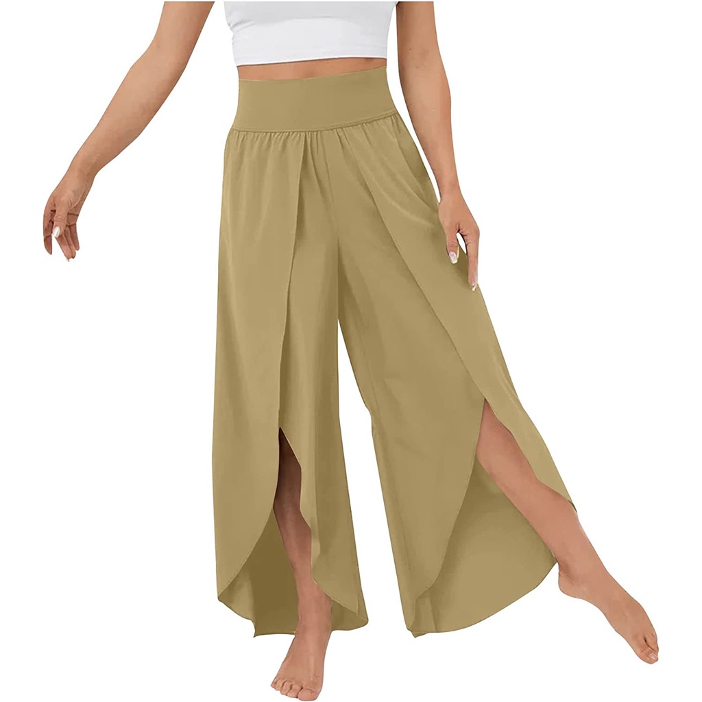 Women Flowy Split Wide Leg Pants High Waisted Yoga Pants Baggy Hippie Pilates Pants Boho Beach 9194