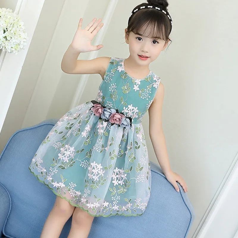 Kids Dress Girls Embroidered Dress Princess Dresses Sleeveless Floral ...