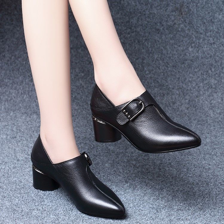 SAB Pointed black medium heel leather shoes for women 2023 Fashion High ...