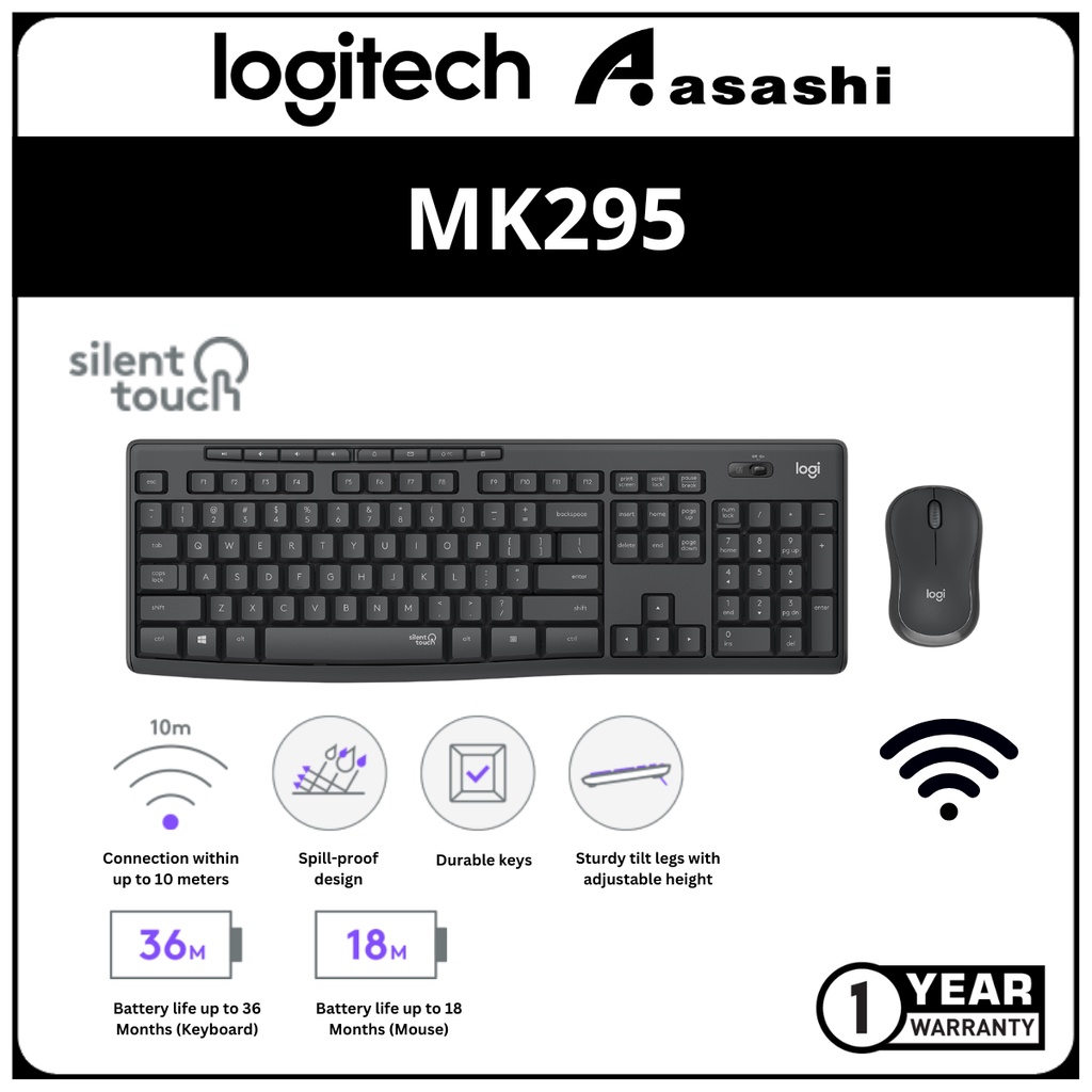 Logitech MK295 Wireless Mouse & Keyboard Combo SilentTouch Tech, Full