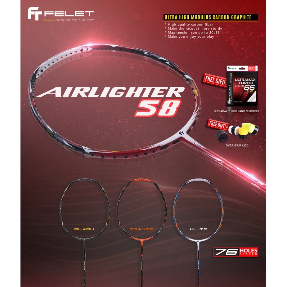 FELET Airlighter 58 Ultra Light Badminton Racket Free String & Grip 100% Original by FLEET ORI