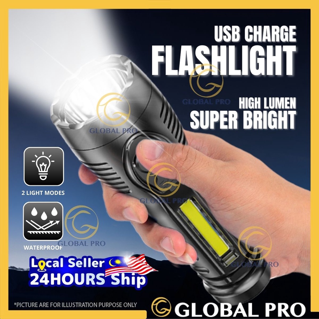 RECHARGEABLE LED Flashlight with COB Work Light Waterproof Flashlight ...