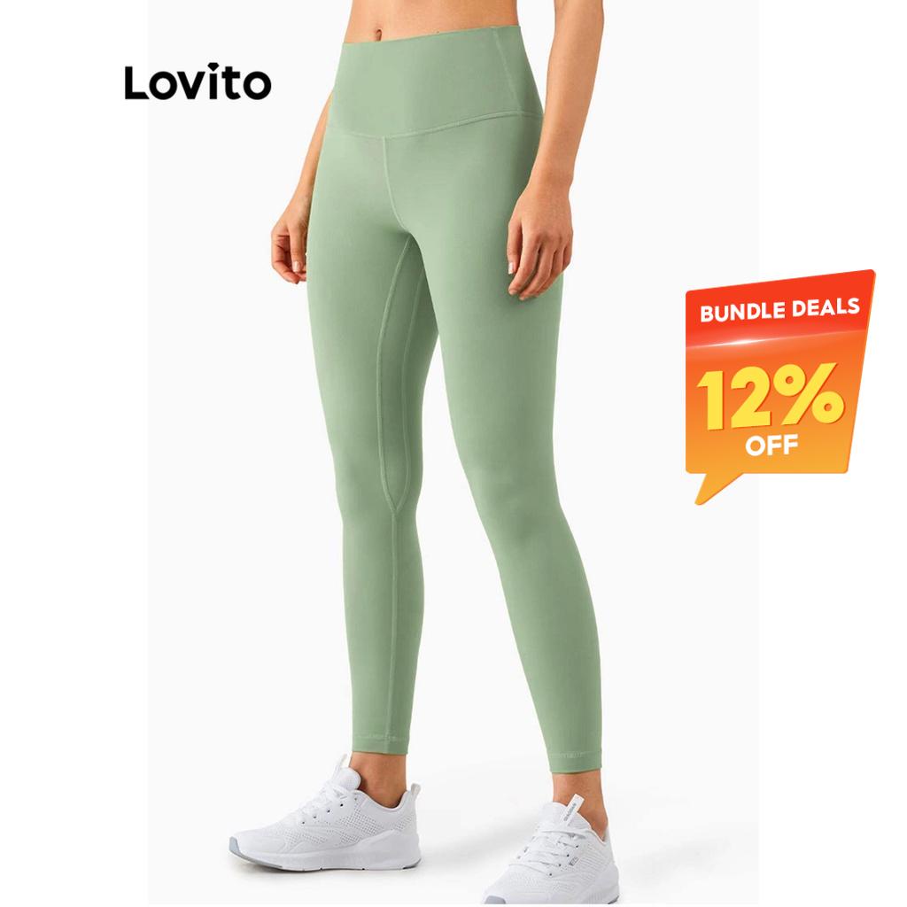 Essential Item) Lovito Casual Summer Plain High Waist Sports Yoga Pants  Compression Tummy Control Leggings for Women