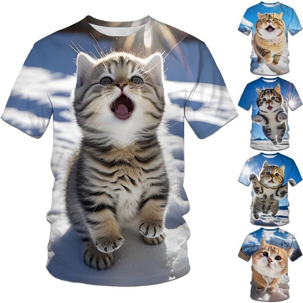 Sleeve Print Cat Womens Short 3D T O-Neck T-Shirt  