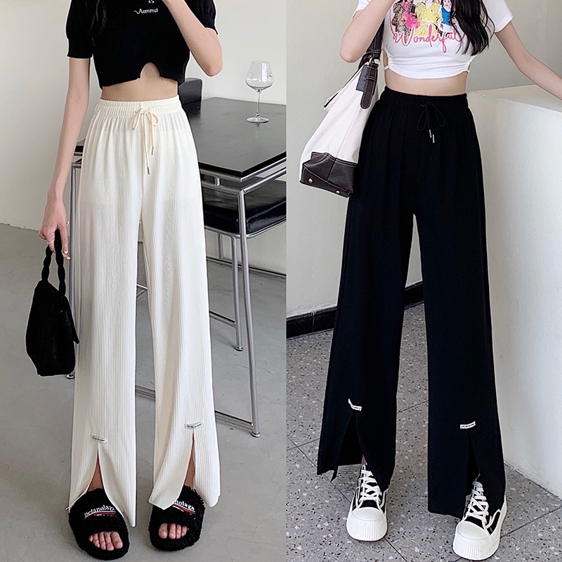 2023 Summer New Split Wide Leg Pants Women's Korean Fashion High Waist  Straight Leg Pants