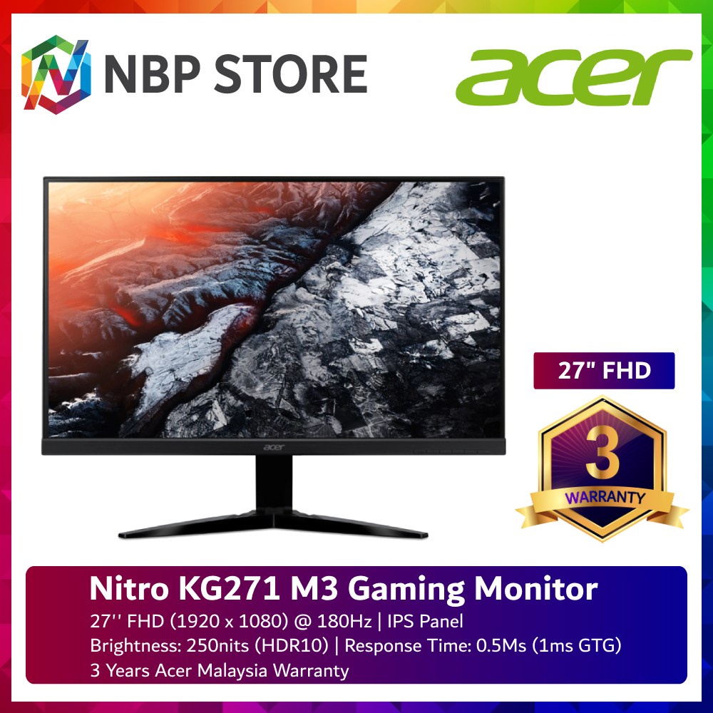 Acer Nitro KG271 M3 27" FHD IPS 180Hz Gaming Monitor ( DP, HDMI, 3 Yrs Warranty ) Shopee Malaysia