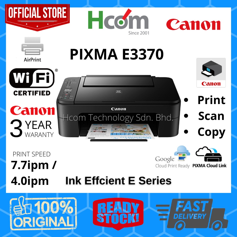 Canon PIXMA E3370 Ink Efficient Printer Wireless All In One Print/Scan