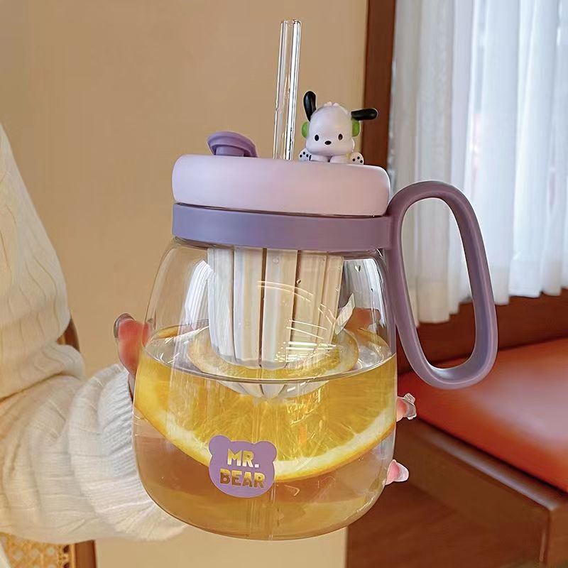 Milk Tea Cup Water Bottle Flower Tea Cup with Filter 850ml Largecapacity Kettle with Straw
