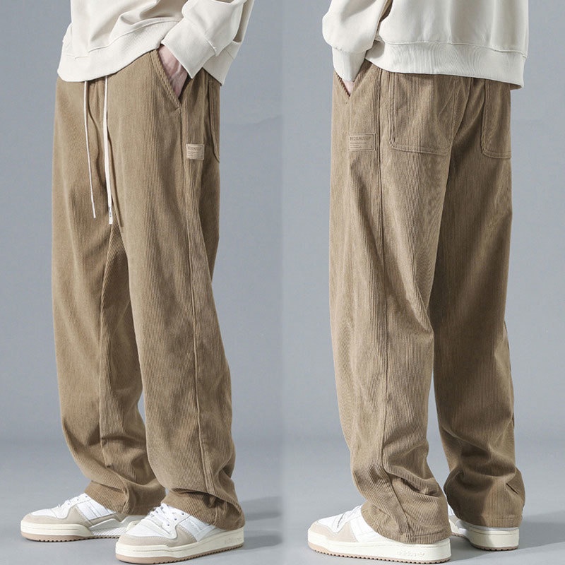 Slack Pants Men Khaki Korean Loose Straight Cut Casual Corduroy Long ...