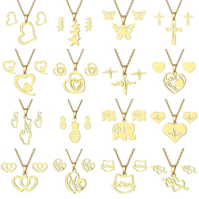 Stainless Steel Heart Butterfly Pentagram Necklace Earrings Set