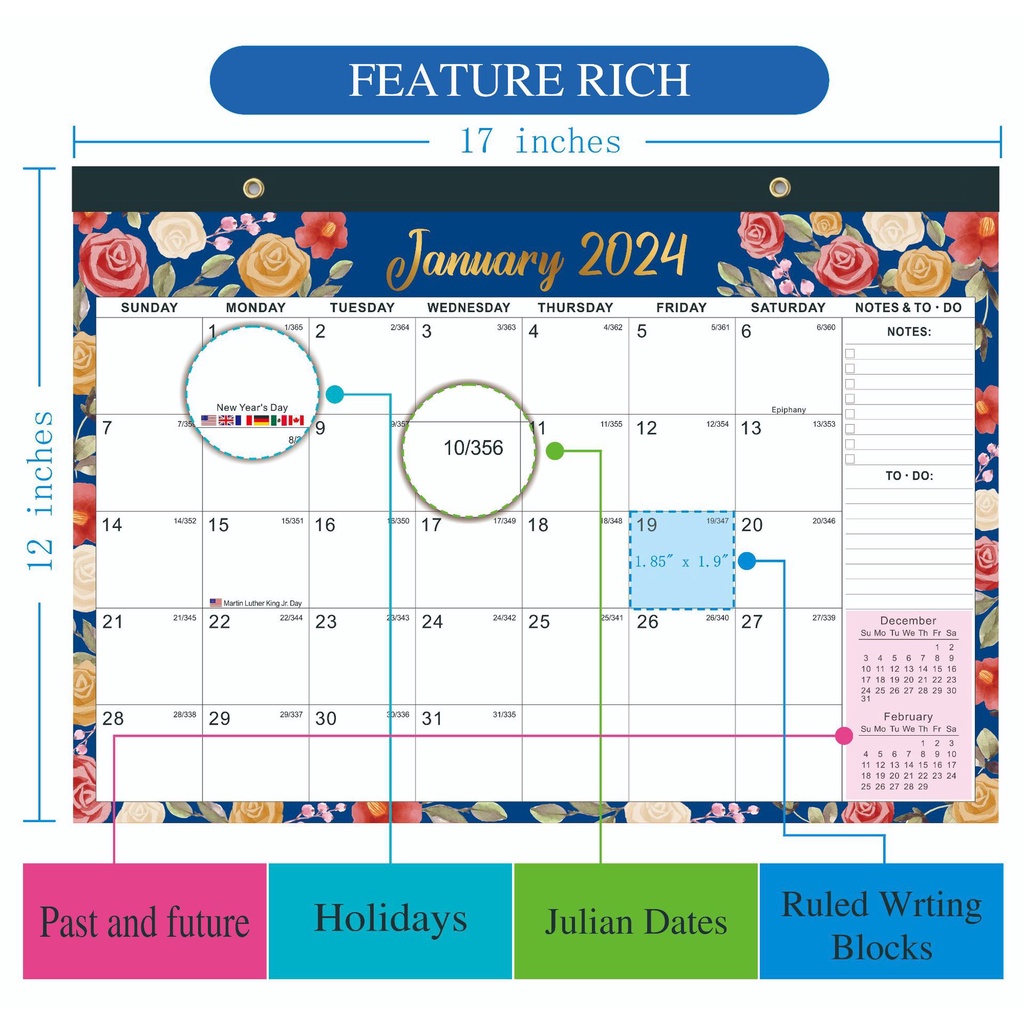 Calendar 2023-2024 - Wall Calendar 2023-2024, July 2023 - December 2024,  37.6 x 29 cm, Large Ruled Blocks Perfect for Planning and Organizing for  Home or Office: Buy Online at Best Price in UAE 