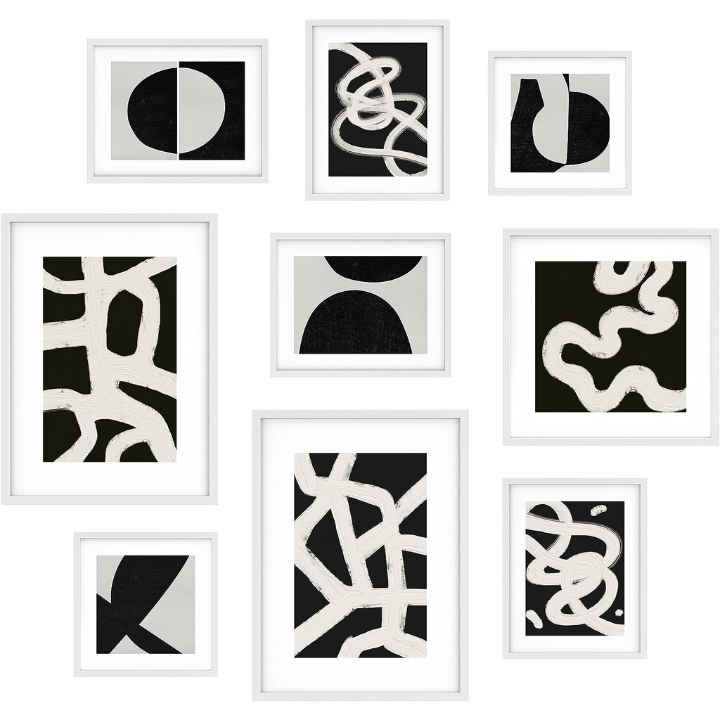Wall Art Collage Print Gallery Set of 9 Retro Dark Black White Lines