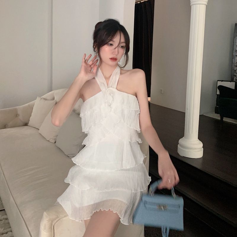 2023 Fashion Korean Style Retro Halter Neck One-Shoulder High Waist Puffy  Dress Ruffled Tube Top Chiffon Cake Short Skirt Women | Shopee Malaysia