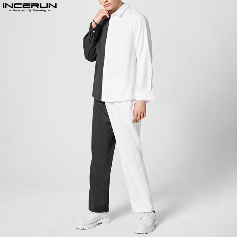INCERUN Men's Fashion Black and White Splice Two Piece Set | Shopee ...