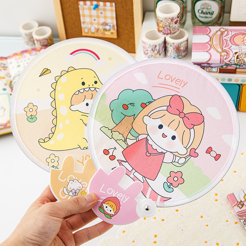 Foldable Cartoon Small Round Fan Summer Day Portable Mini Hand Fan ...