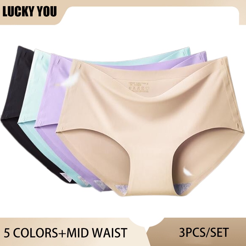 Seamless Ice Silk Lace Panties Mid-Waist Underwear Briefs Seluar Dalam  Wanita
