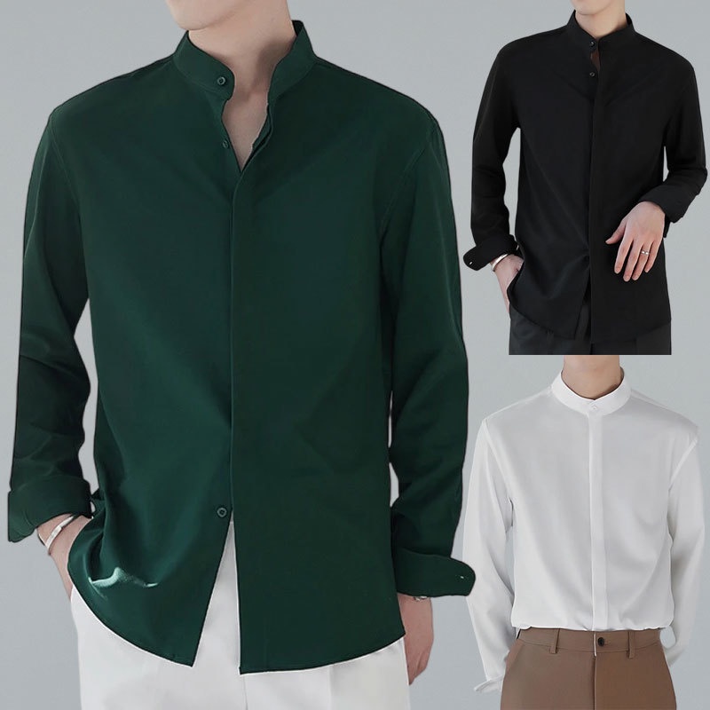 Man Casual Shirt Korean Plain Long Sleeve Mandarin Collar Shirt Men ...