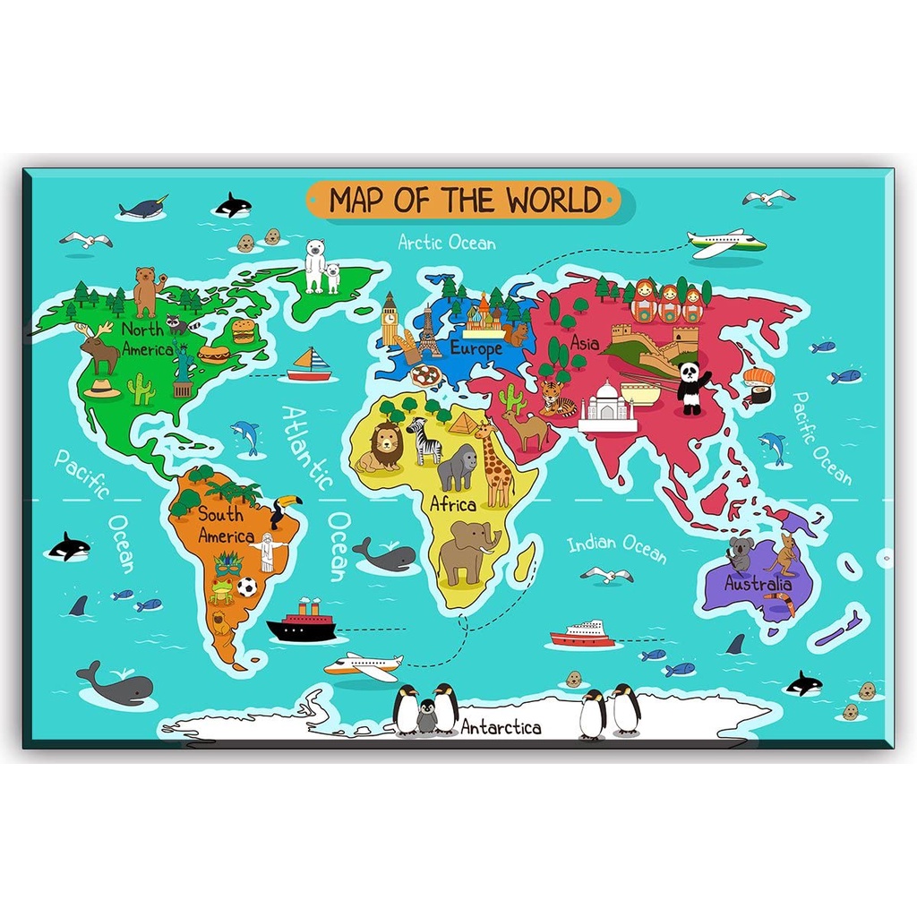World Map Canvas Wall Art For Kids Room Typical Animals On Continent ...