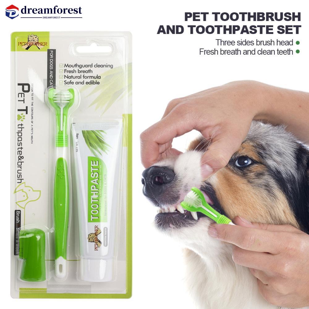 DREAMFOREST Pet Cat Dog Toothbrush and Toothpaste Set Three Sided ...