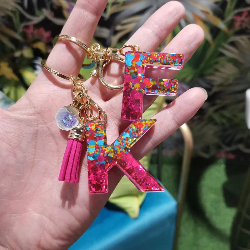Colorful Letter Keychain Pendant Glitter Sequin Resin Key Chain Tassel