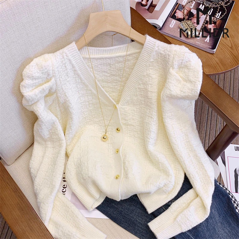 V Neck Puff Sleeve Sweater For Women