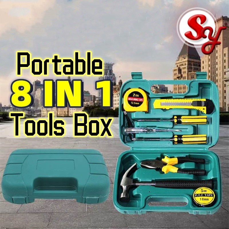 8 In 1 Hardware Toolbox Set Portable Household Tool Set DIY Manual Hand ...
