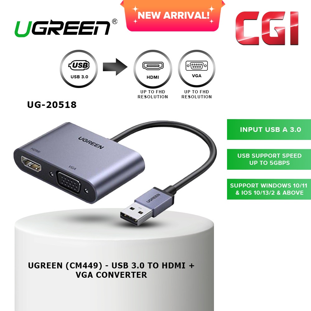 Ugreen (CM449) 20518 USB 3.0 to HDMI + VGA Converter Shopee Malaysia