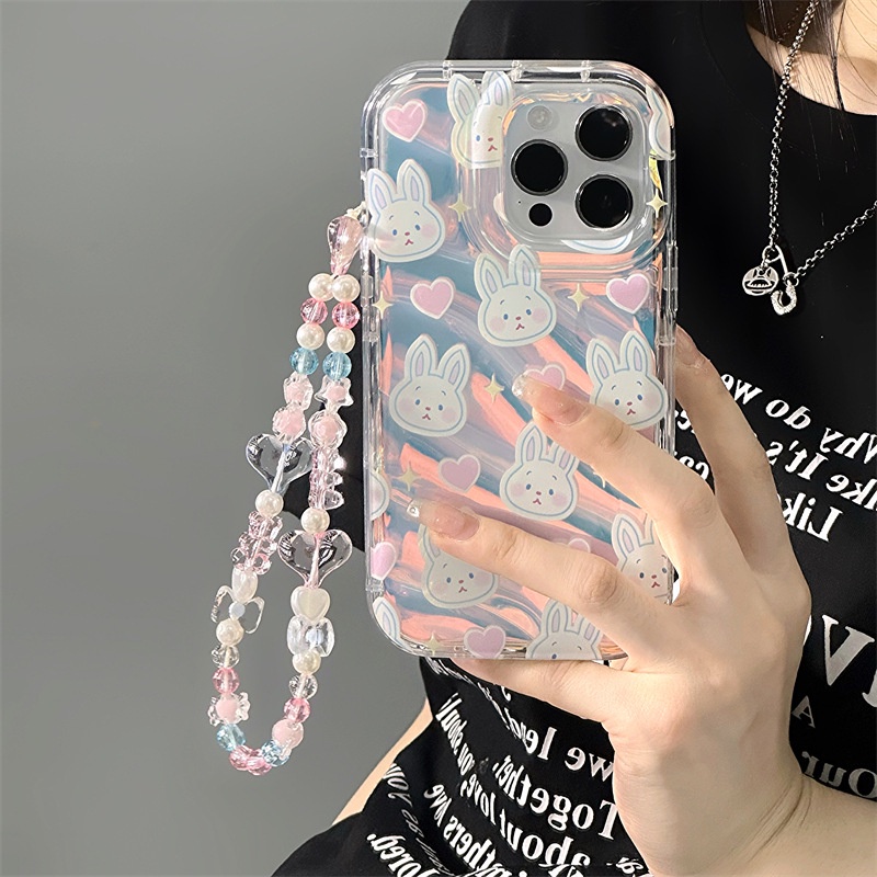 Cute White Rabbit Cartoon Transparent Silicone Case With Phone Strap ...
