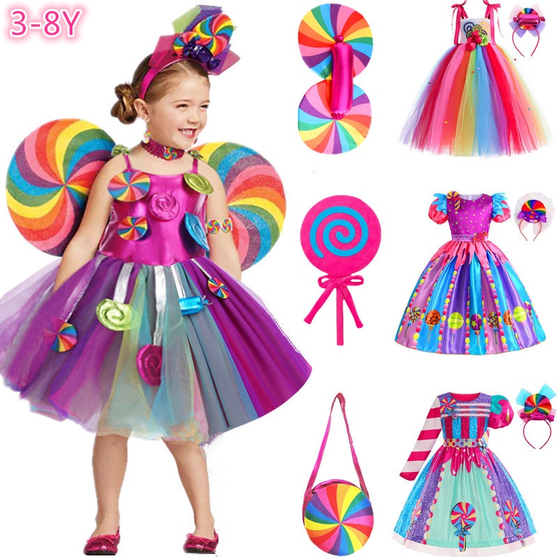 Cute Rainbow Candy Dress Girls Christmas Carnival Lollipop Tutu Costume ...