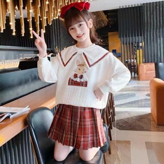 【Girl Sweatershirt Set】(3-14Y) Long Sleeves T Shirt Plaid Skirt Kids ...