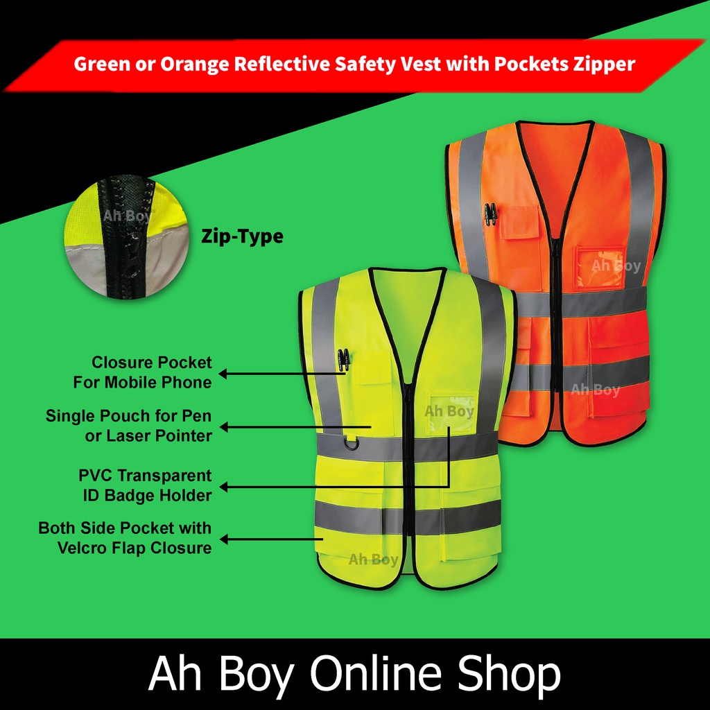 Green & Orange Safety Vest With Four Line Visible Reflective Line Had