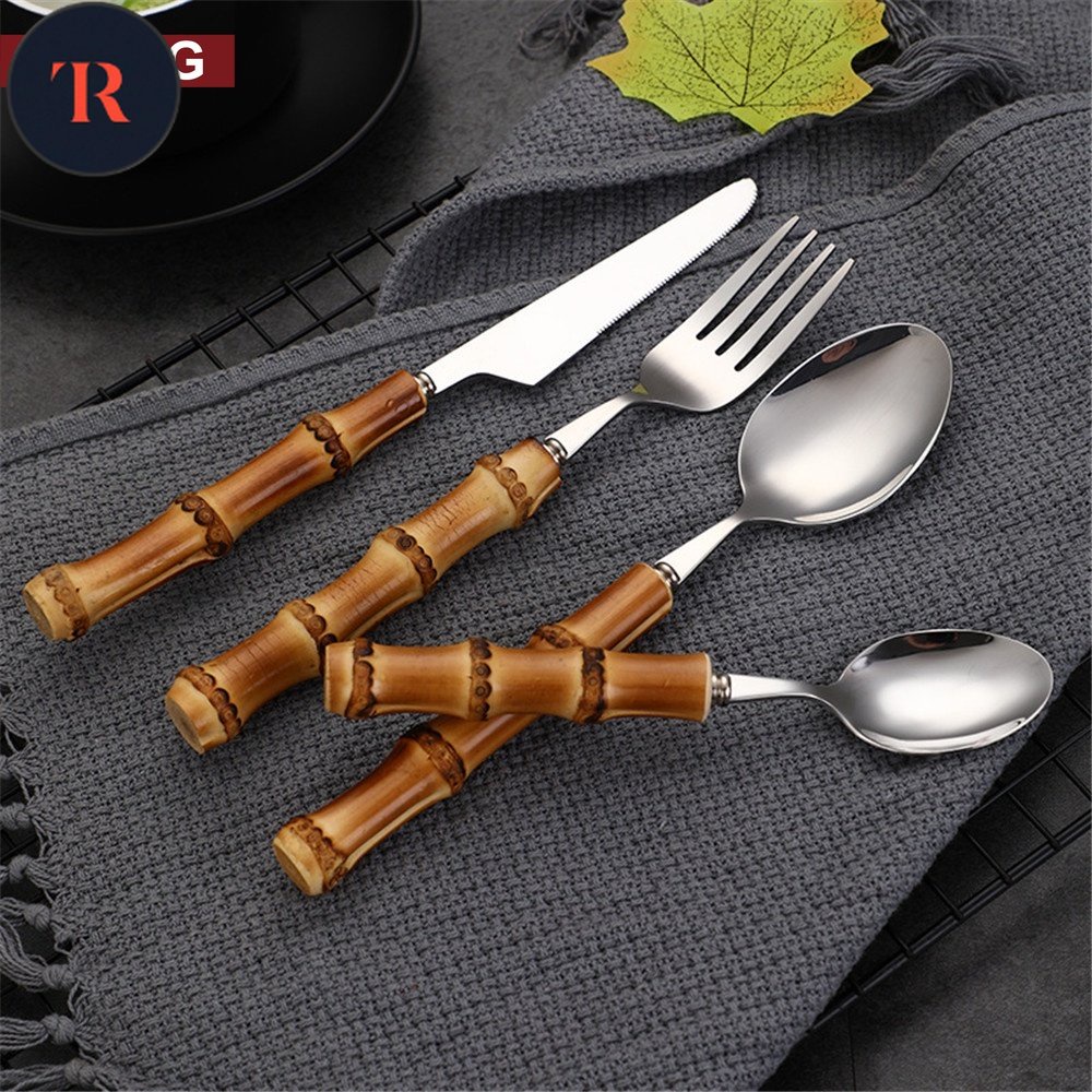 TR-Bamboo Handle Stainless Steel Cutlery Set Wooden Spoon and Fork Set ...